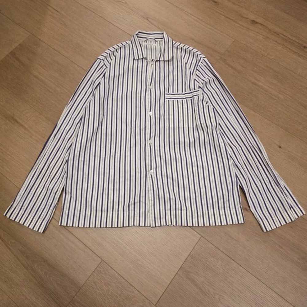 Tekla Organic Cotton Pajama‎ Button Up Lounge Shirt M White Purple Stripe